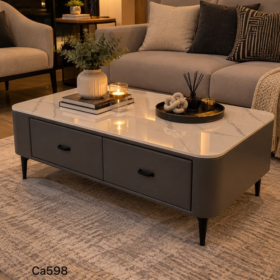 Mesa de centro piedra blanco base gris 120cm* 60cm* 36cm